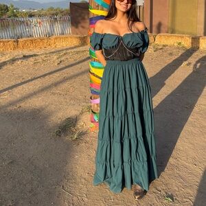 Dark Green/ Aquamarine/ Blue Green Maxi Dress Size S Cinched Waist Ren Faire